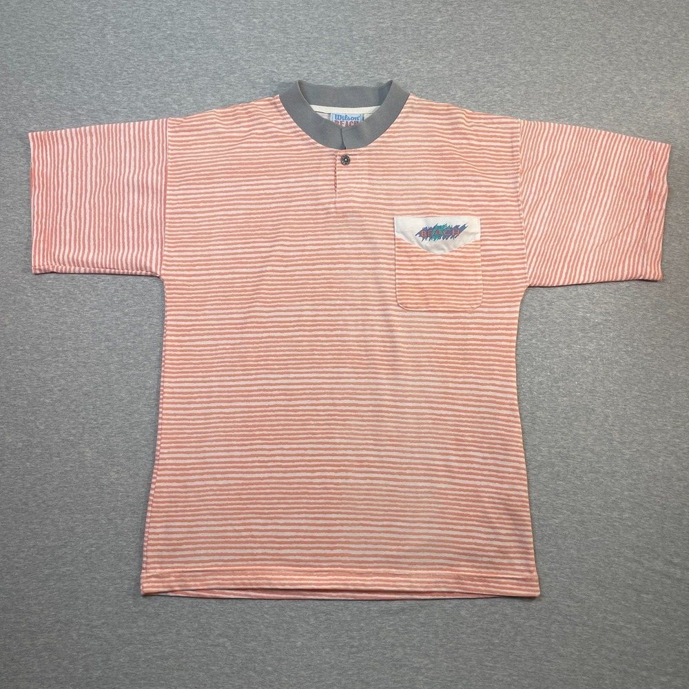 VTG Wilson Beach Sport Shirt Mens XL Orange White Stripe Henley Pocket 90s Tee